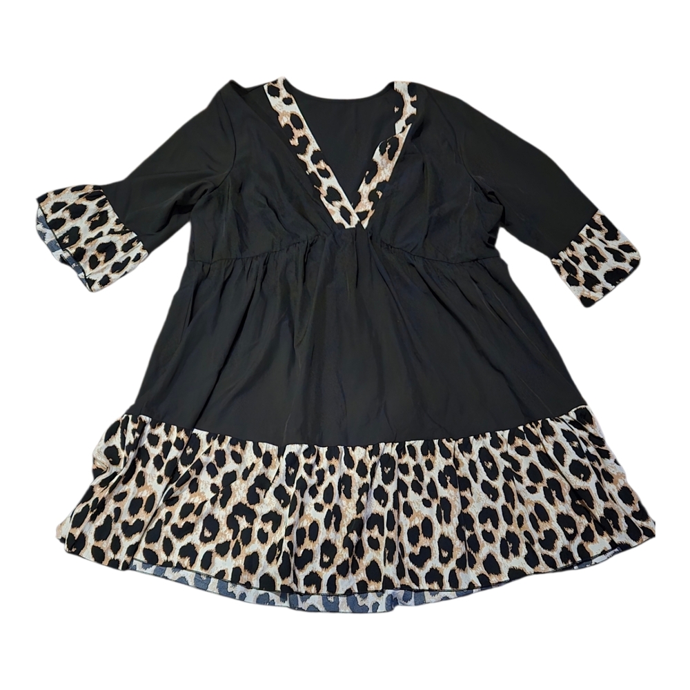 SHEIN Black and Leopard Print Midi Dress